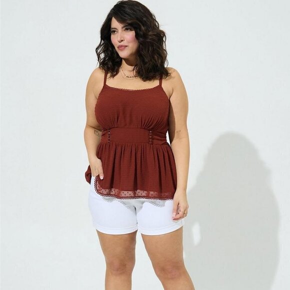 torrid Tops - Torrid - Peplum Clip Dot Shirred Bust Lace Trim Top in Brick Red​​​​​​​​​